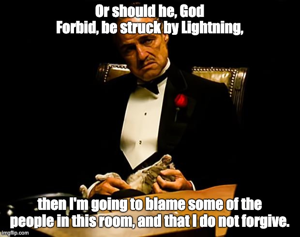 Godfather | Or should he, God Forbid, be struck by Lightning, then I'm going to blame some of the people in this room, and that I do not forgive. | image tagged in godfather,vito corleone,don vito,struck by lightning,godfather promise,do not forgive | made w/ Imgflip meme maker