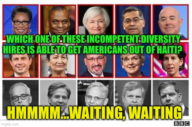 Once again Americans are stranded in a foreign country | WHICH ONE OF THESE INCOMPETENT DIVERSITY HIRES IS ABLE TO GET AMERICANS OUT OF HAITI? HMMMM…WAITING, WAITING | image tagged in cabinet,democrats,incompetence,biden,diversity,failure | made w/ Imgflip meme maker