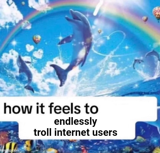 Felt great trolling | endlessly troll internet users | image tagged in how it feels to spread misinformation | made w/ Imgflip meme maker