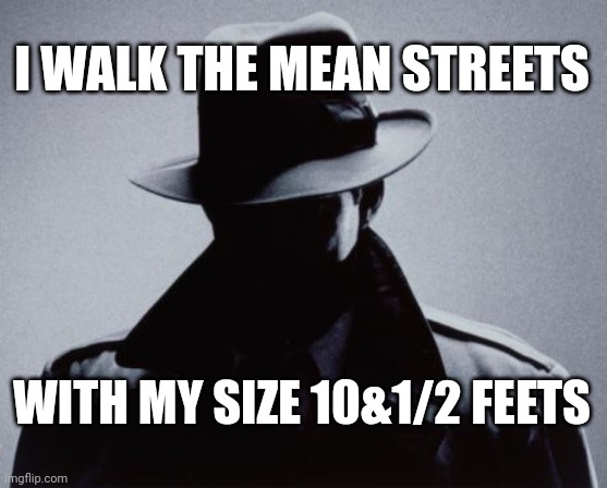 Spy Silhouette | I WALK THE MEAN STREETS; WITH MY SIZE 10&1/2 FEETS | image tagged in spy silhouette | made w/ Imgflip meme maker