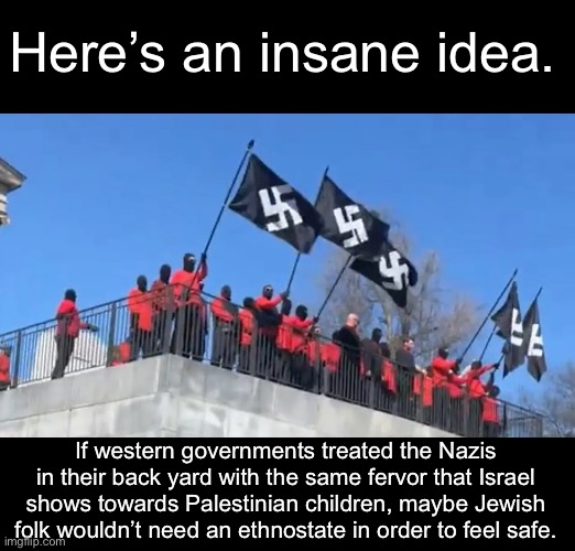 There, I just solved antisemitism. Can the IDF stop murdering children now? | Here’s an insane idea. If western governments treated the Nazis in their back yard with the same fervor that Israel shows towards Palestinian children, maybe Jewish folk wouldn’t need an ethnostate in order to feel safe. | image tagged in nazi,republicans,alt right,israel,palestine,zionism | made w/ Imgflip meme maker