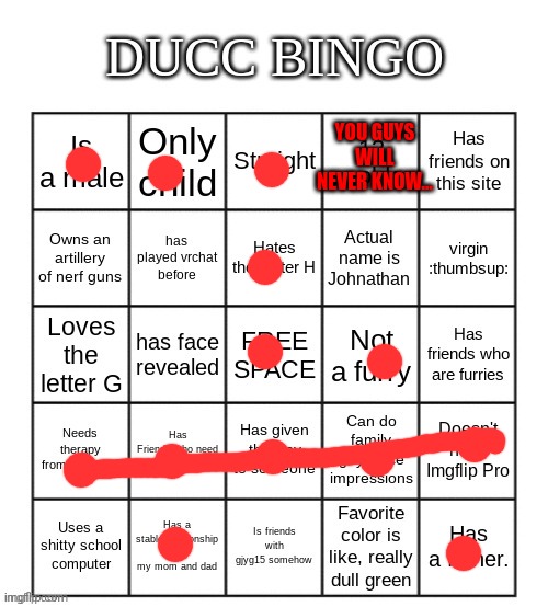 Bingo! | YOU GUYS WILL NEVER KNOW... | image tagged in ducc bingo | made w/ Imgflip meme maker