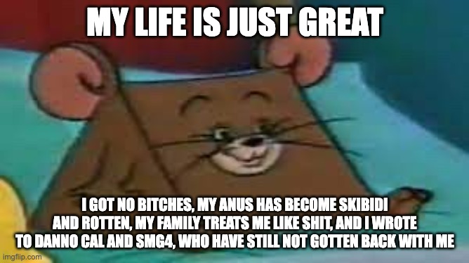 SMG-1 | MY LIFE IS JUST GREAT; I GOT NO BITCHES, MY ANUS HAS BECOME SKIBIDI AND ROTTEN, MY FAMILY TREATS ME LIKE SHIT, AND I WROTE TO DANNO CAL AND SMG4, WHO HAVE STILL NOT GOTTEN BACK WITH ME | image tagged in jerry ate cheese | made w/ Imgflip meme maker