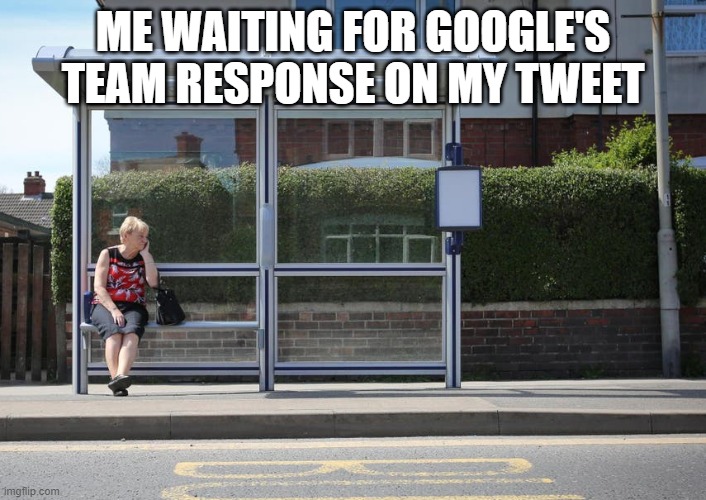Me waiting for google's team response on my tweet | ME WAITING FOR GOOGLE'S TEAM RESPONSE ON MY TWEET | image tagged in bus stop | made w/ Imgflip meme maker