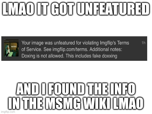 Sooooo, now what? | LMAO IT GOT UNFEATURED; AND I FOUND THE INFO IN THE MSMG WIKI LMAO | image tagged in idfk | made w/ Imgflip meme maker