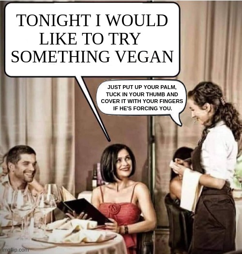 Inte3rnational sign for H E L P !!! | TONIGHT I WOULD
LIKE TO TRY 
SOMETHING VEGAN; JUST PUT UP YOUR PALM, 
TUCK IN YOUR THUMB AND 
COVER IT WITH YOUR FINGERS 
IF HE'S FORCING YOU. | image tagged in waiter restaurant order,vegan,funny,meme,offended,mental illness | made w/ Imgflip meme maker