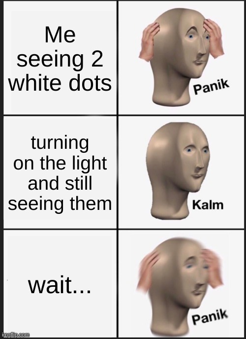 Panik Kalm Panik | Me seeing 2 white dots; turning on the light and still seeing them; wait... | image tagged in memes,panik kalm panik | made w/ Imgflip meme maker