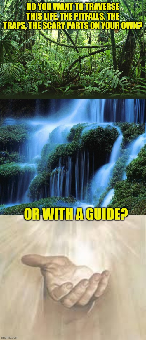 DO YOU WANT TO TRAVERSE THIS LIFE, THE PITFALLS, THE TRAPS, THE SCARY PARTS ON YOUR OWN? OR WITH A GUIDE? | image tagged in jungle,waterfall,jesus beckoning | made w/ Imgflip meme maker