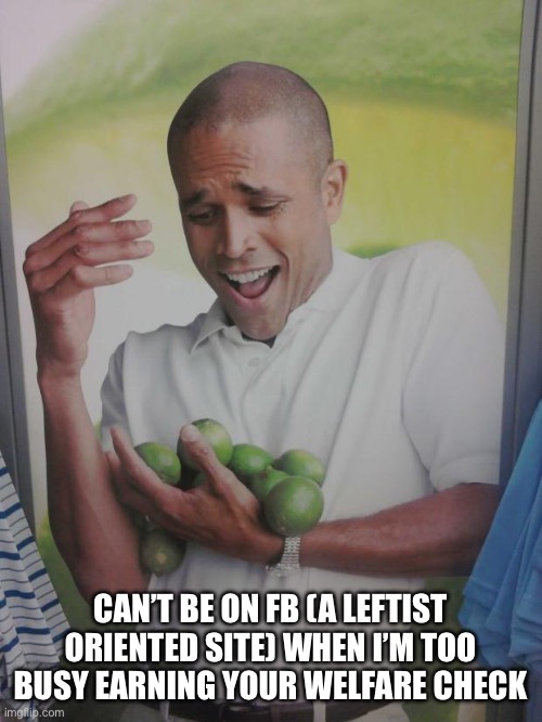 Why Can't I Hold All These Limes Meme | CAN’T BE ON FB (A LEFTIST ORIENTED SITE) WHEN I’M TOO BUSY EARNING YOUR WELFARE CHECK | image tagged in memes,why can't i hold all these limes | made w/ Imgflip meme maker
