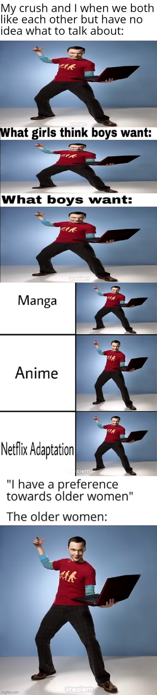 stupid shitty anime memes replaced by sheldon cooper holding laptop | made w/ Imgflip meme maker