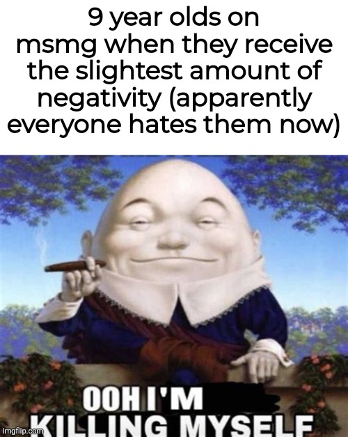 The day when every sensitive bitch threatened to quit or commit suicide was crazy tho | 9 year olds on msmg when they receive the slightest amount of negativity (apparently everyone hates them now) | image tagged in ooh i'm killing myself | made w/ Imgflip meme maker