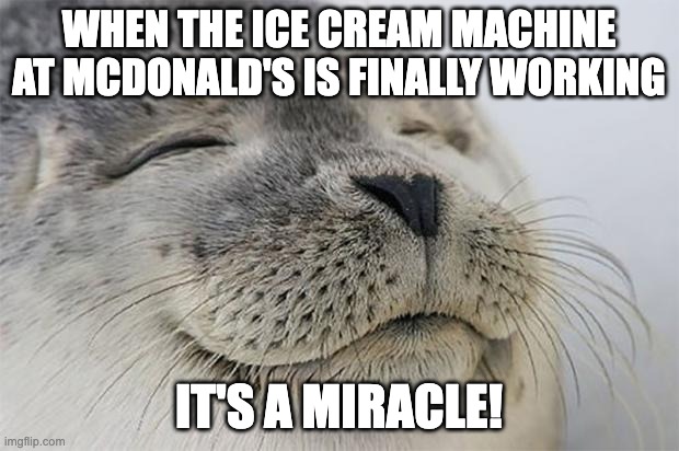 Satisfied Seal Meme | WHEN THE ICE CREAM MACHINE AT MCDONALD'S IS FINALLY WORKING; IT'S A MIRACLE! | image tagged in memes,satisfied seal | made w/ Imgflip meme maker