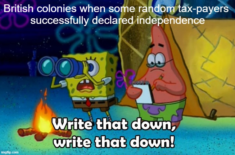 American Revolution Be Like | British colonies when some random tax-payers 
successfully declared independence | image tagged in write that down | made w/ Imgflip meme maker