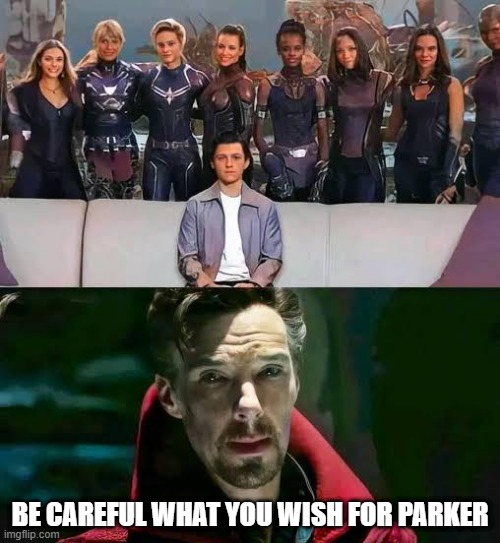 The Marvel Woman Scene We All Wanted | BE CAREFUL WHAT YOU WISH FOR PARKER | image tagged in spiderman,endgame | made w/ Imgflip meme maker