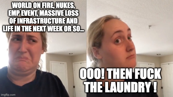 Good Bad | WORLD ON FIRE, NUKES, EMP EVENT, MASSIVE LOSS OF INFRASTRUCTURE AND LIFE IN THE NEXT WEEK OR SO... OOO! THEN FUCK THE LAUNDRY ! | image tagged in good bad | made w/ Imgflip meme maker