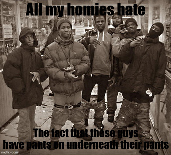 All My Homies Hate | All my homies hate; The fact that these guys have pants on underneath their pants | image tagged in all my homies hate,the hood memes,hood memes | made w/ Imgflip meme maker