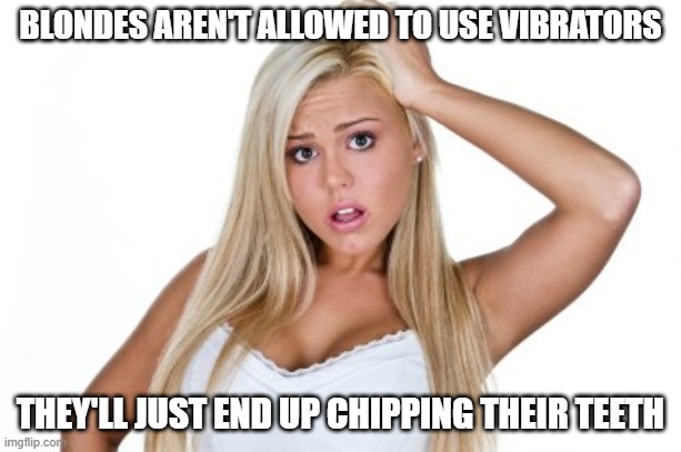 Wrong Use | BLONDES AREN'T ALLOWED TO USE VIBRATORS; THEY'LL JUST END UP CHIPPING THEIR TEETH | image tagged in dumb blonde | made w/ Imgflip meme maker