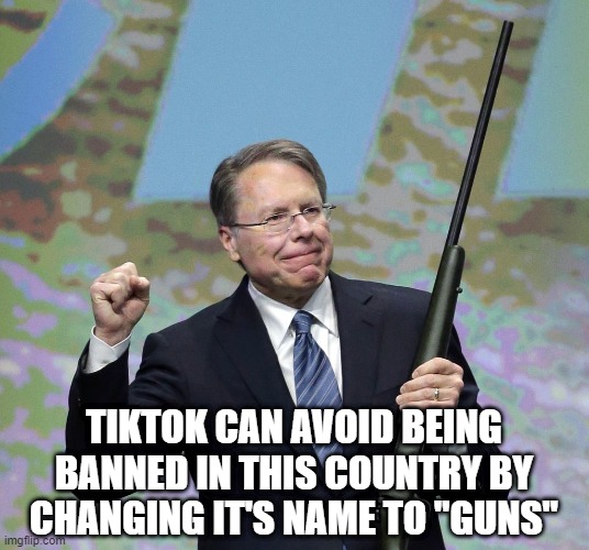 Save TikTok | TIKTOK CAN AVOID BEING BANNED IN THIS COUNTRY BY CHANGING IT'S NAME TO "GUNS" | image tagged in nra patsey | made w/ Imgflip meme maker