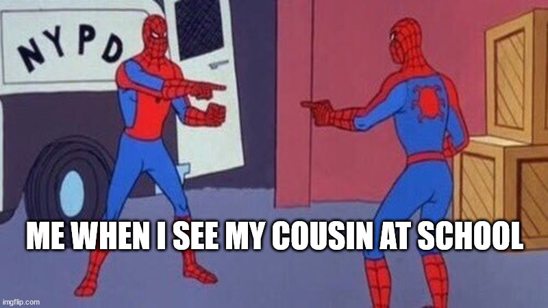 spiderman pointing at spiderman | ME WHEN I SEE MY COUSIN AT SCHOOL | image tagged in cousin memes,school memes,bro memes | made w/ Imgflip meme maker