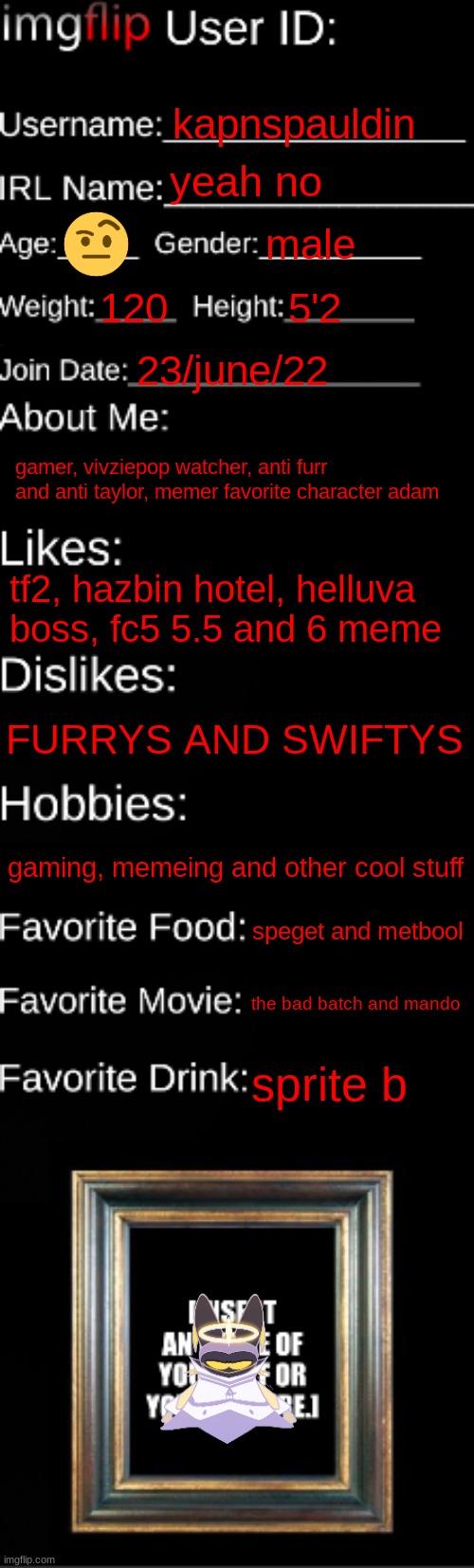 imgflip ID Card | kapnspauldin; yeah no; male; 120; 5'2; 23/june/22; gamer, vivziepop watcher, anti furr and anti taylor, memer favorite character adam; tf2, hazbin hotel, helluva boss, fc5 5.5 and 6 meme; FURRYS AND SWIFTYS; gaming, memeing and other cool stuff; speget and metbool; the bad batch and mando; sprite b | image tagged in imgflip id card | made w/ Imgflip meme maker