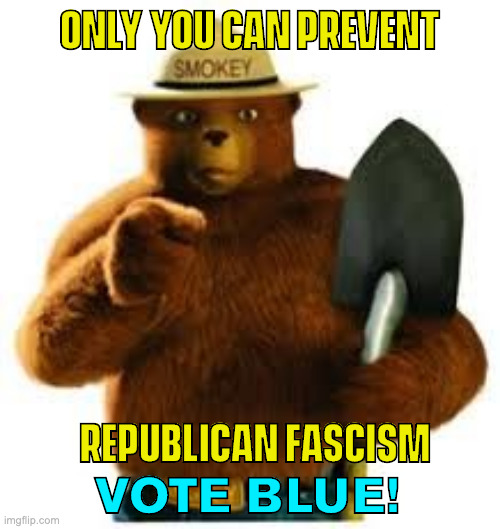 Smokey the Bear Fascism  | ONLY YOU CAN PREVENT; VOTE BLUE! REPUBLICAN FASCISM | image tagged in smokey the bear fascism | made w/ Imgflip meme maker