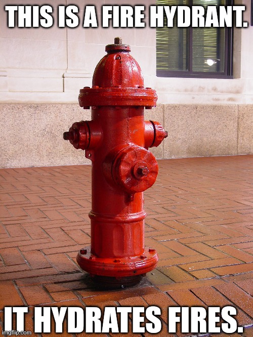 The flammenwerfer's archnemesis | THIS IS A FIRE HYDRANT. IT HYDRATES FIRES. | image tagged in idk what tag to use here,fire hydrant,idk something else,language | made w/ Imgflip meme maker