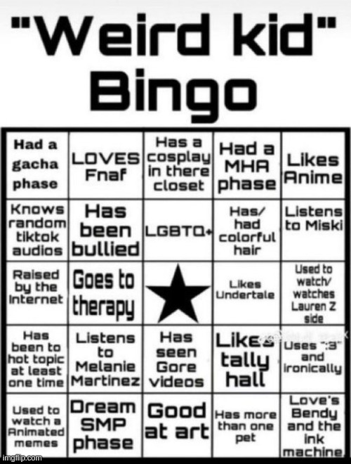 Weird Kid Bingo Blank Meme Template