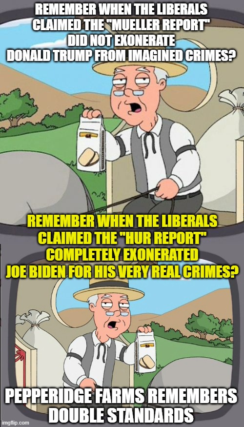Shameful Hypocrites | REMEMBER WHEN THE LIBERALS CLAIMED THE "MUELLER REPORT"
DID NOT EXONERATE DONALD TRUMP FROM IMAGINED CRIMES? REMEMBER WHEN THE LIBERALS CLAIMED THE "HUR REPORT" COMPLETELY EXONERATED
JOE BIDEN FOR HIS VERY REAL CRIMES? PEPPERIDGE FARMS REMEMBERS
DOUBLE STANDARDS | image tagged in memes,pepperidge farm remembers,peperridge farm,robert mueller,robert hur,joe biden | made w/ Imgflip meme maker