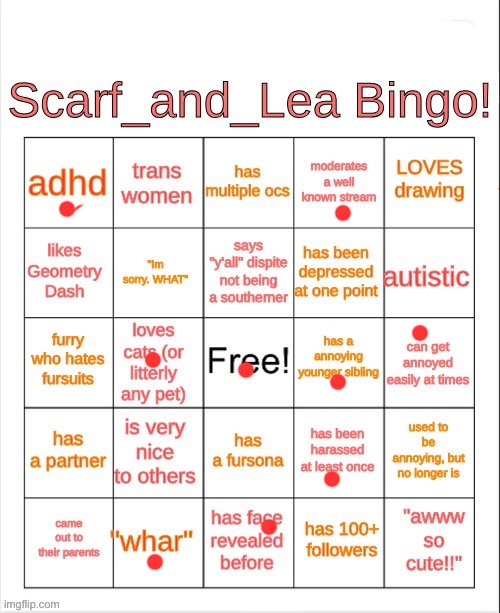 Scarf_and_Lea Bingo | image tagged in scarf_and_lea bingo | made w/ Imgflip meme maker