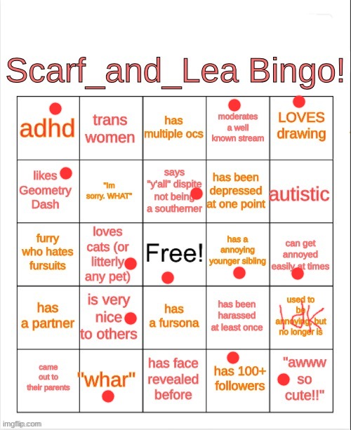 Scarf_and_Lea Bingo | image tagged in scarf_and_lea bingo | made w/ Imgflip meme maker