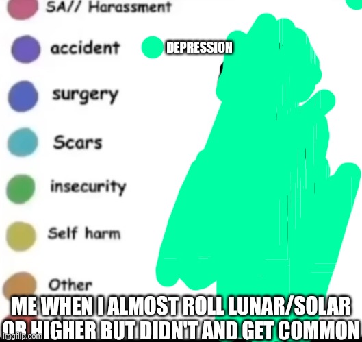 This unfortunately happened to me once in sols rng | DEPRESSION; ME WHEN I ALMOST ROLL LUNAR/SOLAR OR HIGHER BUT DIDN'T AND GET COMMON | image tagged in make your own | made w/ Imgflip meme maker
