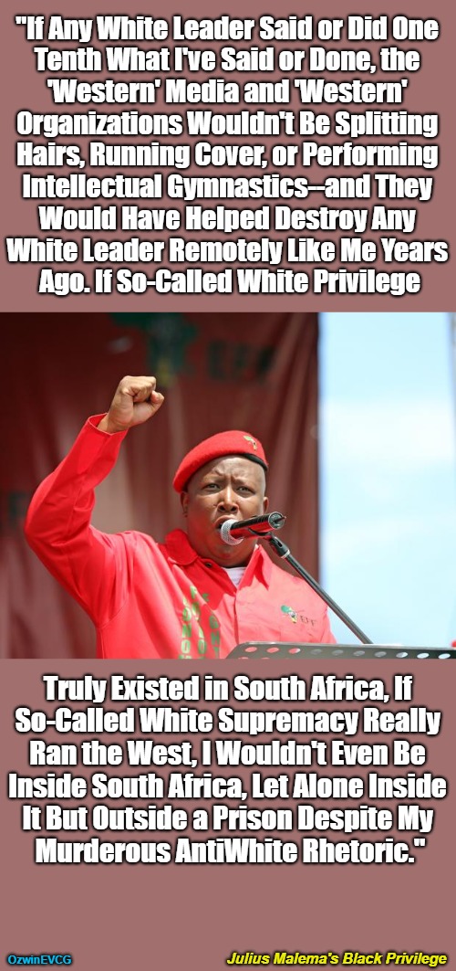 Julius Malema's Black Privilege | "If Any White Leader Said or Did One 

Tenth What I've Said or Done, the 

'Western' Media and 'Western' 

Organizations Wouldn't Be Splitting 

Hairs, Running Cover, or Performing 

Intellectual Gymnastics--and They 

Would Have Helped Destroy Any 

White Leader Remotely Like Me Years 

Ago. If So-Called White Privilege; Truly Existed in South Africa, If 

So-Called White Supremacy Really 

Ran the West, I Wouldn't Even Be 

Inside South Africa, Let Alone Inside 

It But Outside a Prison Despite My 

Murderous AntiWhite Rhetoric."; Julius Malema's Black Privilege; OzwinEVCG | image tagged in malema eff,black privilege,south africa,farm murders,antiwhite planet,double standard | made w/ Imgflip meme maker