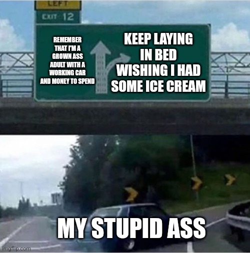 Car turning  | REMEMBER THAT I'M A GROWN ASS ADULT WITH A WORKING CAR AND MONEY TO SPEND; KEEP LAYING IN BED WISHING I HAD SOME ICE CREAM; MY STUPID ASS | image tagged in car turning | made w/ Imgflip meme maker