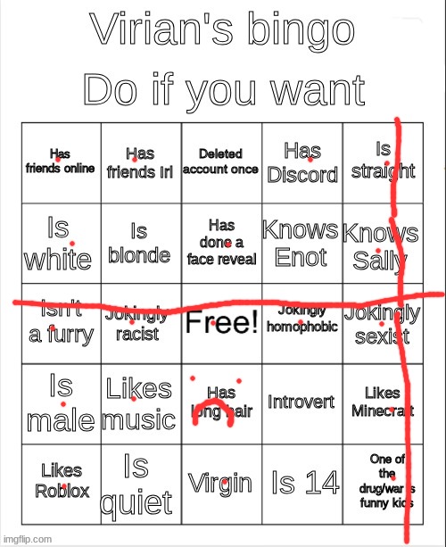 i have permission to make jokes about gay ppl, women, and basically anyone who isnt white | image tagged in virian's bingo | made w/ Imgflip meme maker