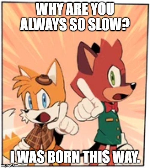 *starts singing the Lady Gaga song* | WHY ARE YOU ALWAYS SO SLOW? I WAS BORN THIS WAY. | image tagged in tails and barry | made w/ Imgflip meme maker