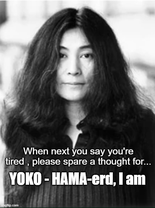 yokohamaerd | When next you say you're tired , please spare a thought for... YOKO - HAMA-erd, I am | image tagged in yoko ono,yokohama,tyres,tires,tired | made w/ Imgflip meme maker