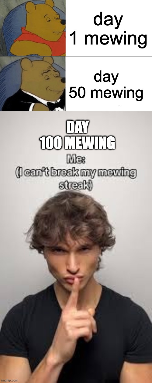 day 1 mewing; day  50 mewing; DAY 100 MEWING | image tagged in memes,tuxedo winnie the pooh | made w/ Imgflip meme maker