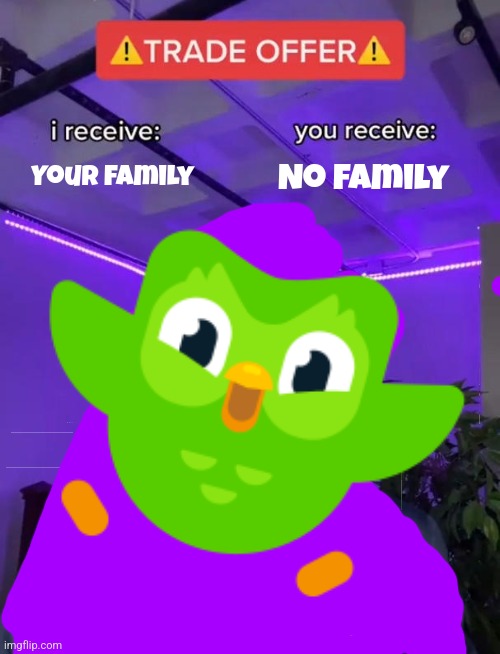 When you miss a duolingo lesso | Your family; No family | image tagged in trade offer | made w/ Imgflip meme maker