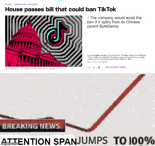 I know it's only won in the house, and I have my hopes up, but lets all hope this law gets passed! | ATTENTION SPAN | image tagged in tiktok ban,tiktok sucks | made w/ Imgflip meme maker
