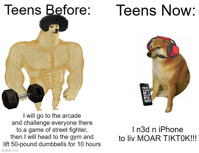 Teens Then vs Now: | Teens Before:; Teens Now:; I will go to the arcade and challenge everyone there to a game of street fighter, then I will head to the gym and lift 50-pound dumbbells for 10 hours; I n3d n iPhone to liv MOAR TIKT0K!!! | image tagged in memes,buff doge vs cheems,dank memes,doge | made w/ Imgflip meme maker
