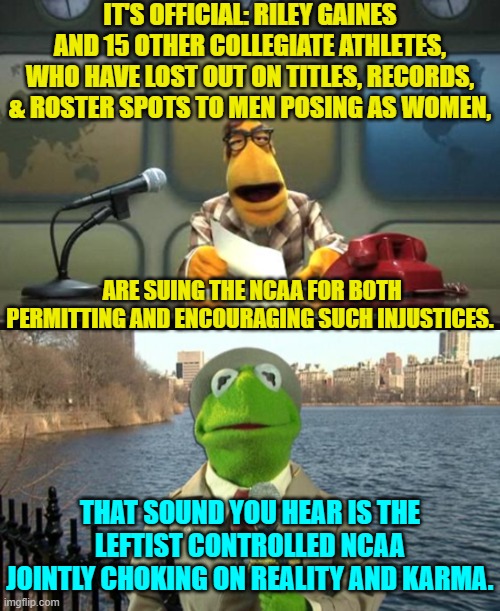 Go get 'em ladies . . . and hang 'em high in court. | IT'S OFFICIAL: RILEY GAINES AND 15 OTHER COLLEGIATE ATHLETES, WHO HAVE LOST OUT ON TITLES, RECORDS, & ROSTER SPOTS TO MEN POSING AS WOMEN, ARE SUING THE NCAA FOR BOTH PERMITTING AND ENCOURAGING SUCH INJUSTICES. THAT SOUND YOU HEAR IS THE LEFTIST CONTROLLED NCAA JOINTLY CHOKING ON REALITY AND KARMA. | image tagged in yep | made w/ Imgflip meme maker