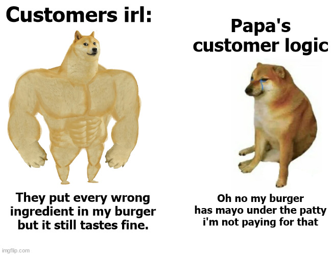 Poofesure acknowledges that the positioning of the ingredients don't matter. | Customers irl:; Papa's customer logic; Oh no my burger has mayo under the patty i'm not paying for that; They put every wrong ingredient in my burger but it still tastes fine. | image tagged in memes,buff doge vs cheems | made w/ Imgflip meme maker