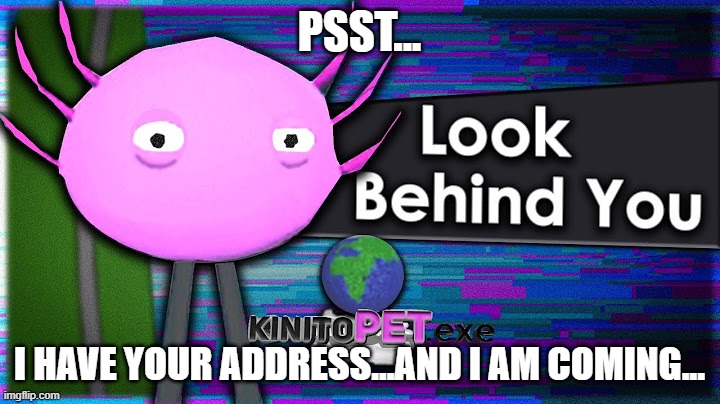 Look Behind You Its Kinito | PSST... I HAVE YOUR ADDRESS...AND I AM COMING... | image tagged in look behind you its kinito | made w/ Imgflip meme maker