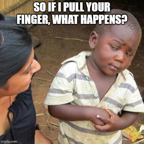 Third World Skeptical Kid | SO IF I PULL YOUR FINGER, WHAT HAPPENS? | image tagged in memes,third world skeptical kid | made w/ Imgflip meme maker