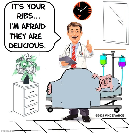 I've got some good news and some bad news... | ©2024 VINCE VANCE | image tagged in vince vance,pig,hospital,doctor,ribs,cartoon | made w/ Imgflip meme maker