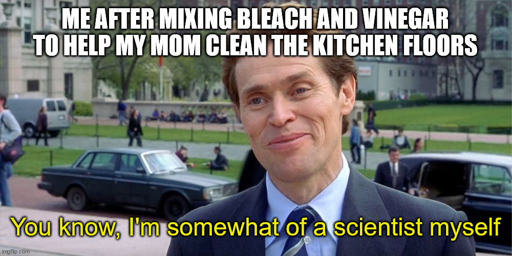 Do it. Watch what happens (to your lungs) | ME AFTER MIXING BLEACH AND VINEGAR TO HELP MY MOM CLEAN THE KITCHEN FLOORS; You know, I'm somewhat of a scientist myself | image tagged in science memes | made w/ Imgflip meme maker