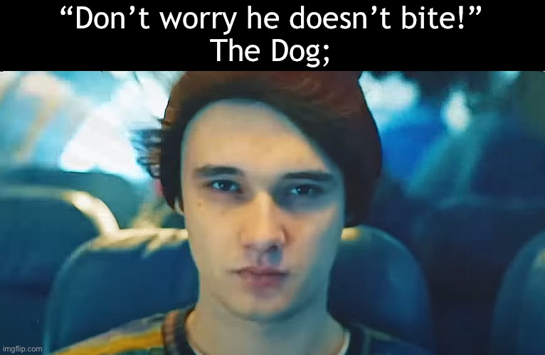 Wilbur staring into your soul | “Don’t worry he doesn’t bite!”
The Dog; | image tagged in wilbur staring into your soul | made w/ Imgflip meme maker