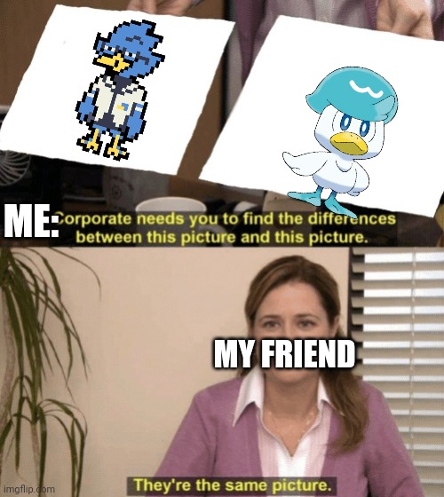 b i r d . | ME:; MY FRIEND | image tagged in corporate needs you to find the differences,birds,pokemon scarlet and pokemon violet,deltarune,berdly deltarune | made w/ Imgflip meme maker