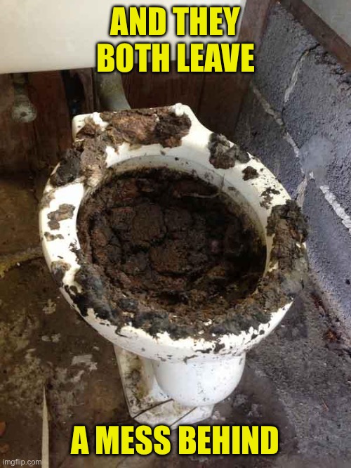 toilet | AND THEY BOTH LEAVE A MESS BEHIND | image tagged in toilet | made w/ Imgflip meme maker