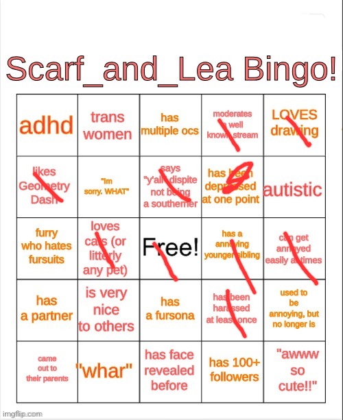 Scarf_and_Lea Bingo | image tagged in scarf_and_lea bingo | made w/ Imgflip meme maker